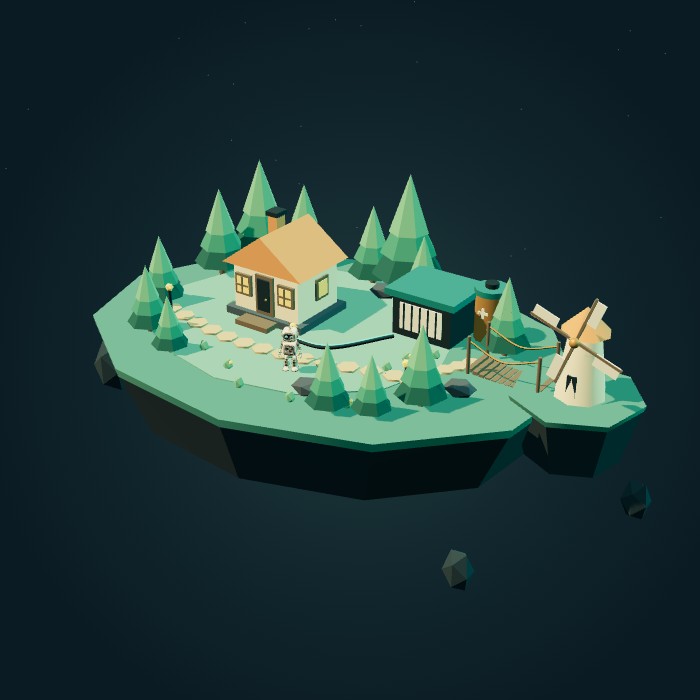 Spark Island: a floating world with a house, windmill and friendly robot